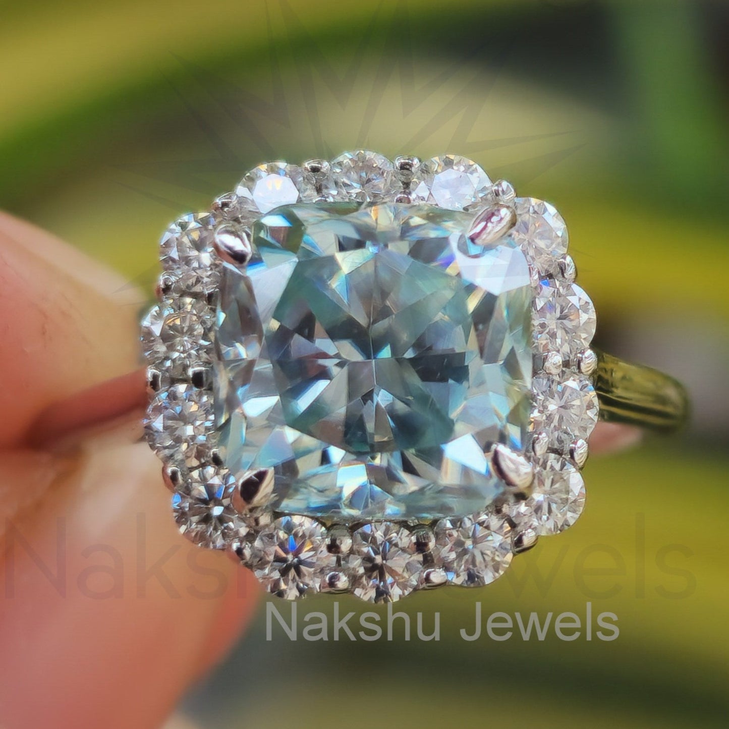 Light Blue Cushion Cut Moissanite Halo Engagement Ring