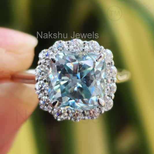Light Blue Cushion Cut Moissanite Halo Engagement Ring