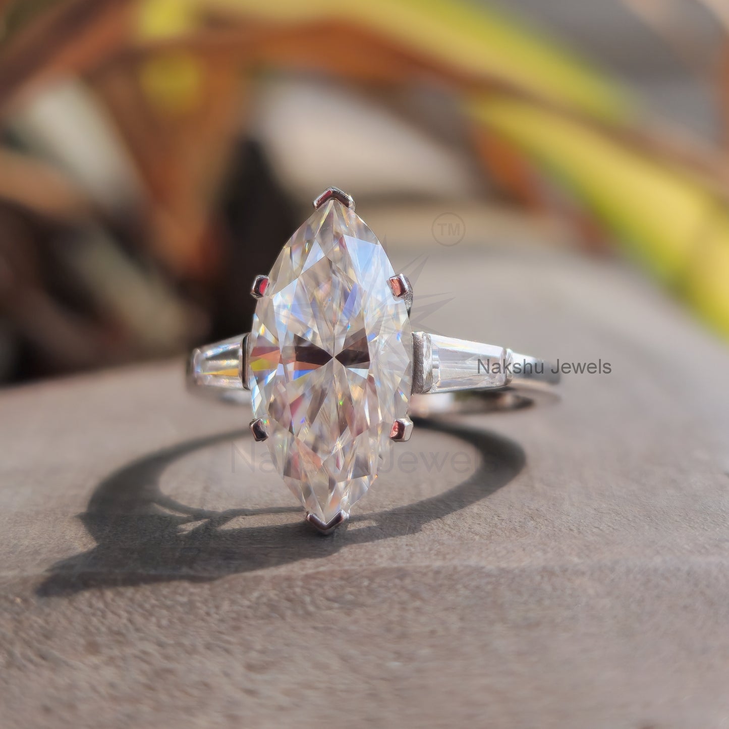 Marquise Cut Moissanite Three Stone Engagement Ring