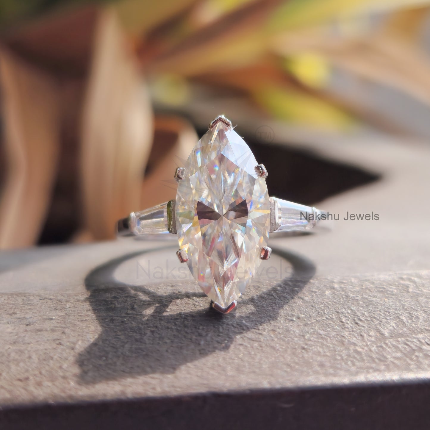 Marquise Cut Moissanite Three Stone Engagement Ring