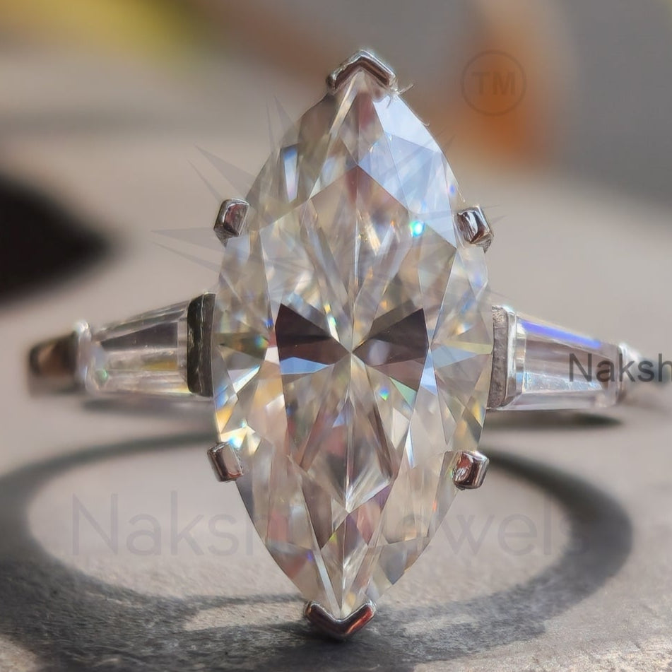 Marquise Cut Moissanite Three Stone Engagement Ring