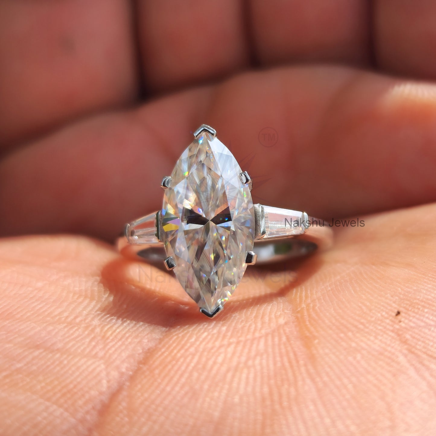 Marquise Cut Moissanite Three Stone Engagement Ring