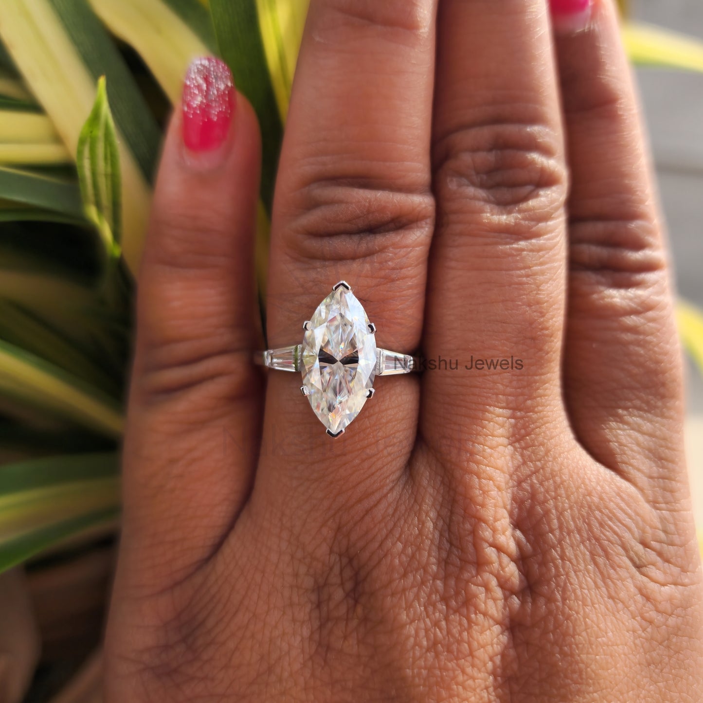 Marquise Cut Moissanite Three Stone Engagement Ring
