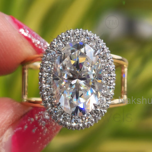 Oval Moissanite Halo Double Band Engagement Ring