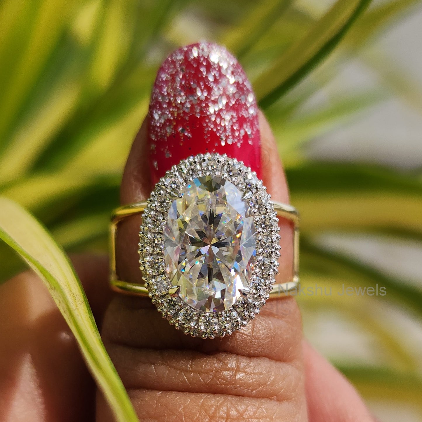 Oval Moissanite Halo Double Band Engagement Ring