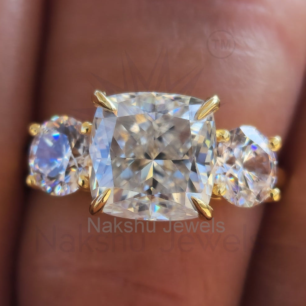 Cushion Cut Three Stone Moissanite Engagement Ring