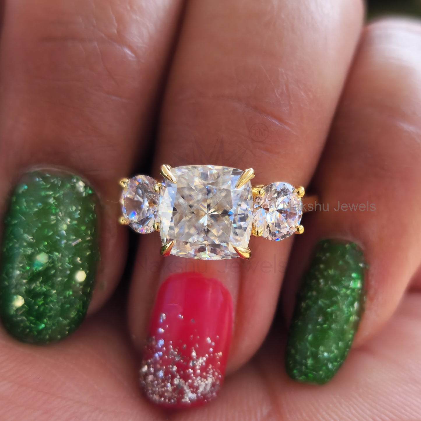 Cushion Cut Three Stone Moissanite Engagement Ring