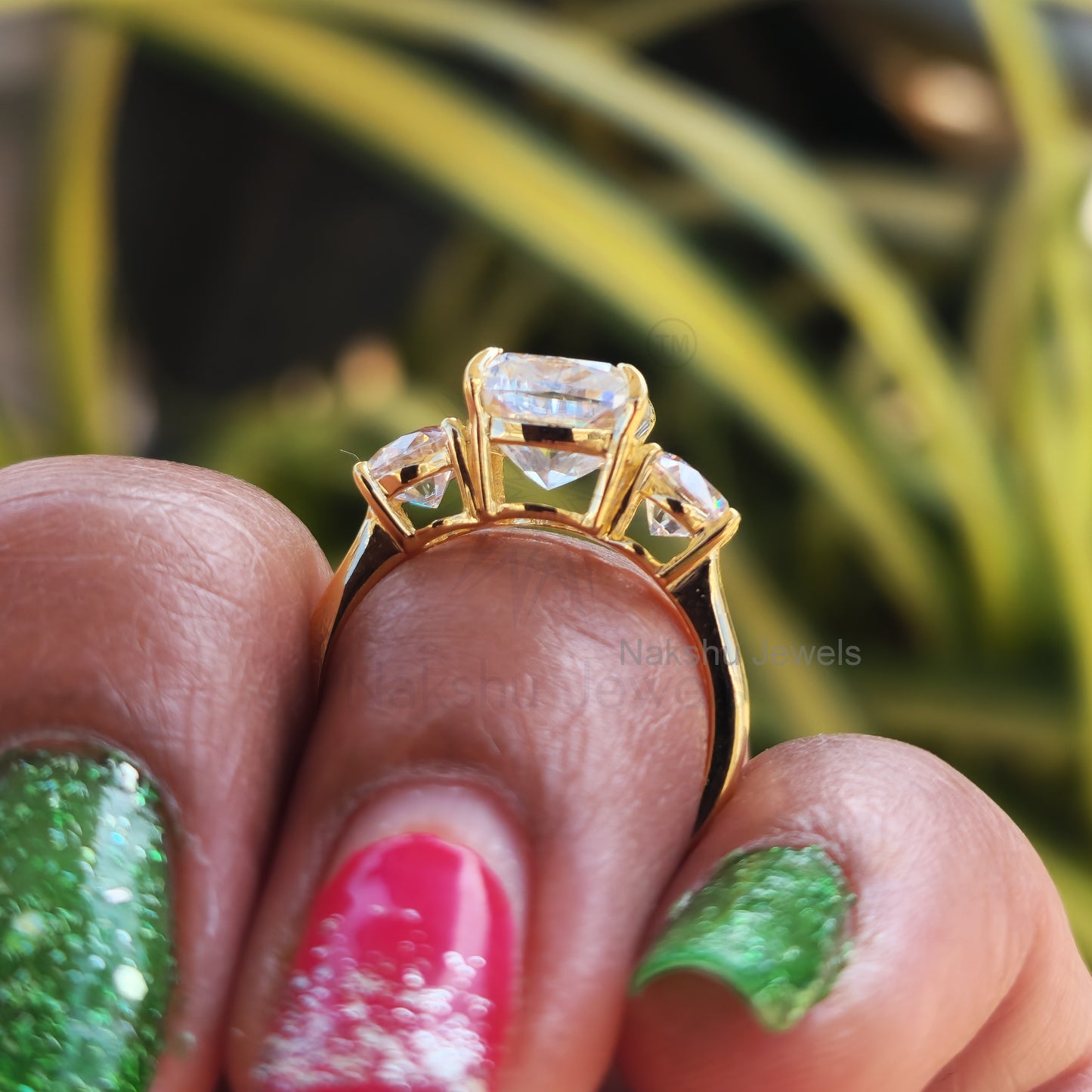 Cushion Cut Three Stone Moissanite Engagement Ring