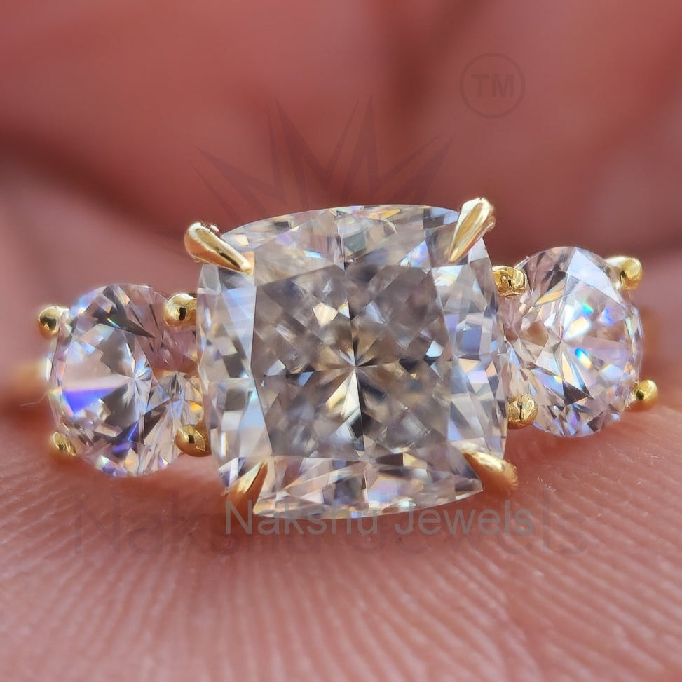 Cushion Cut Three Stone Moissanite Engagement Ring