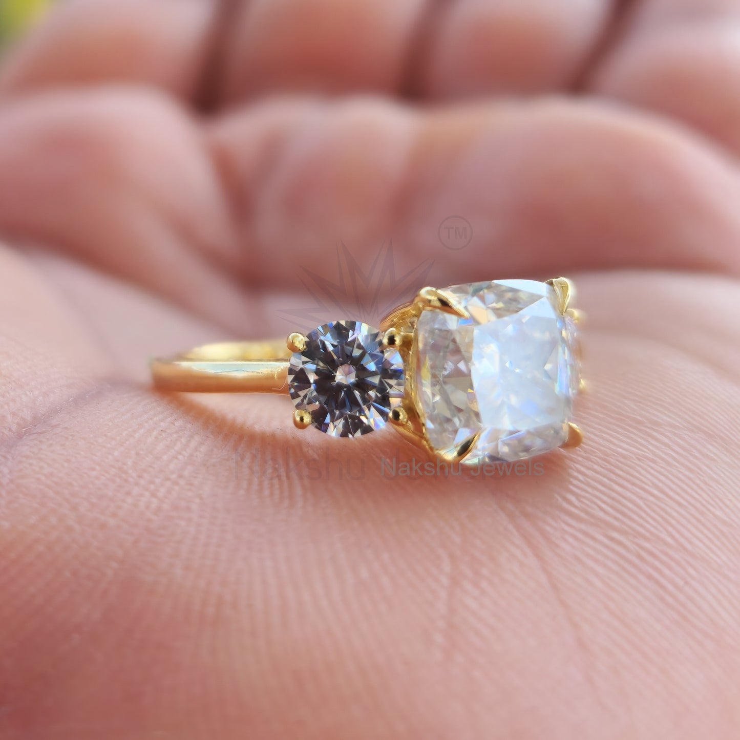 Cushion Cut Three Stone Moissanite Engagement Ring