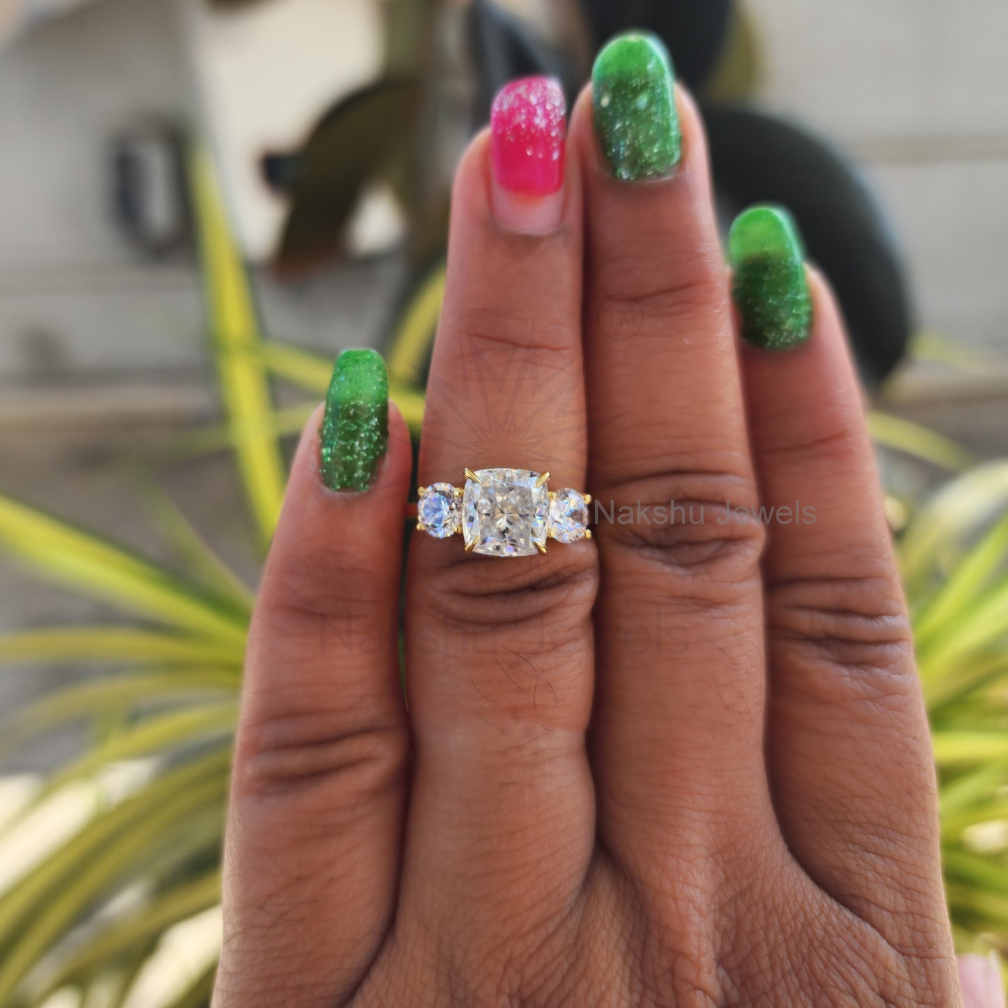 Cushion Cut Three Stone Moissanite Engagement Ring