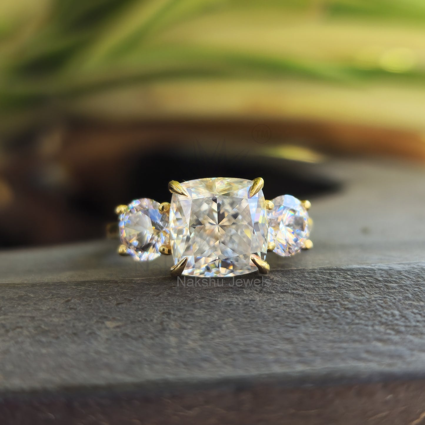 Cushion Cut Three Stone Moissanite Engagement Ring