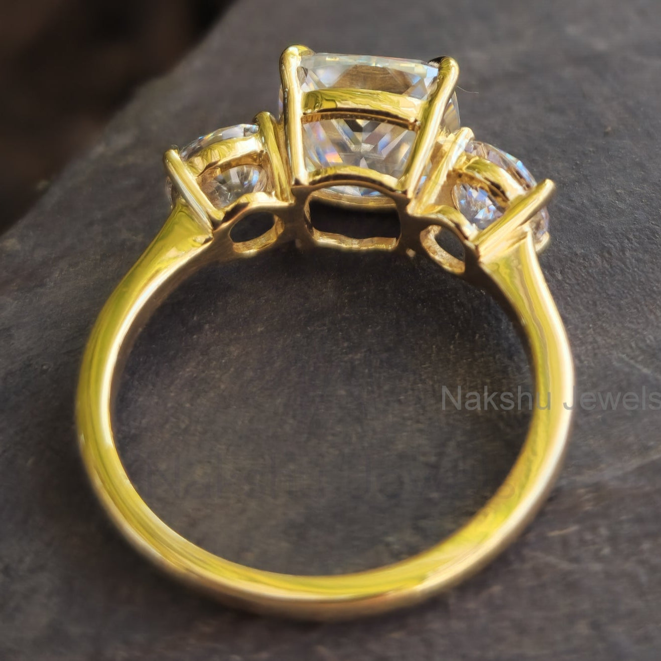 Cushion Cut Three Stone Moissanite Engagement Ring