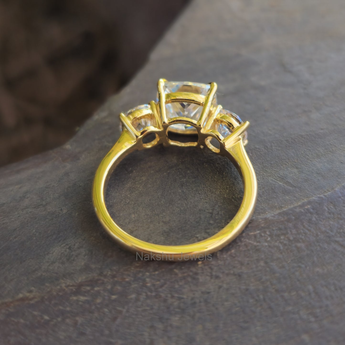 Cushion Cut Three Stone Moissanite Engagement Ring