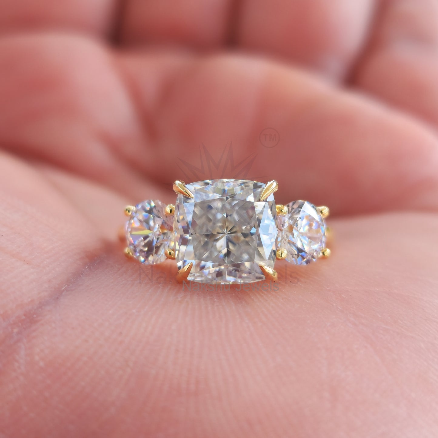 Cushion Cut Three Stone Moissanite Engagement Ring