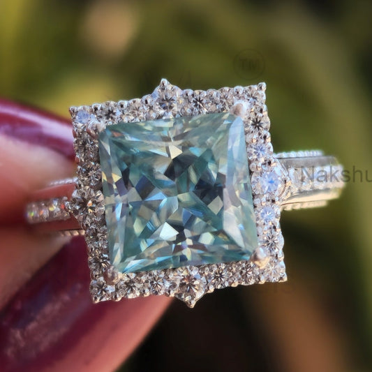 Light Blue Princess Cut Moissanite Halo Engagement Ring