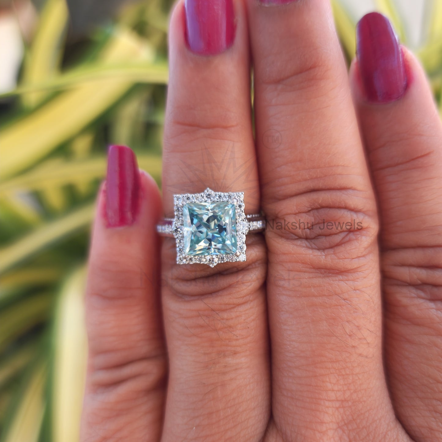 Light Blue Princess Cut Moissanite Halo Engagement Ring