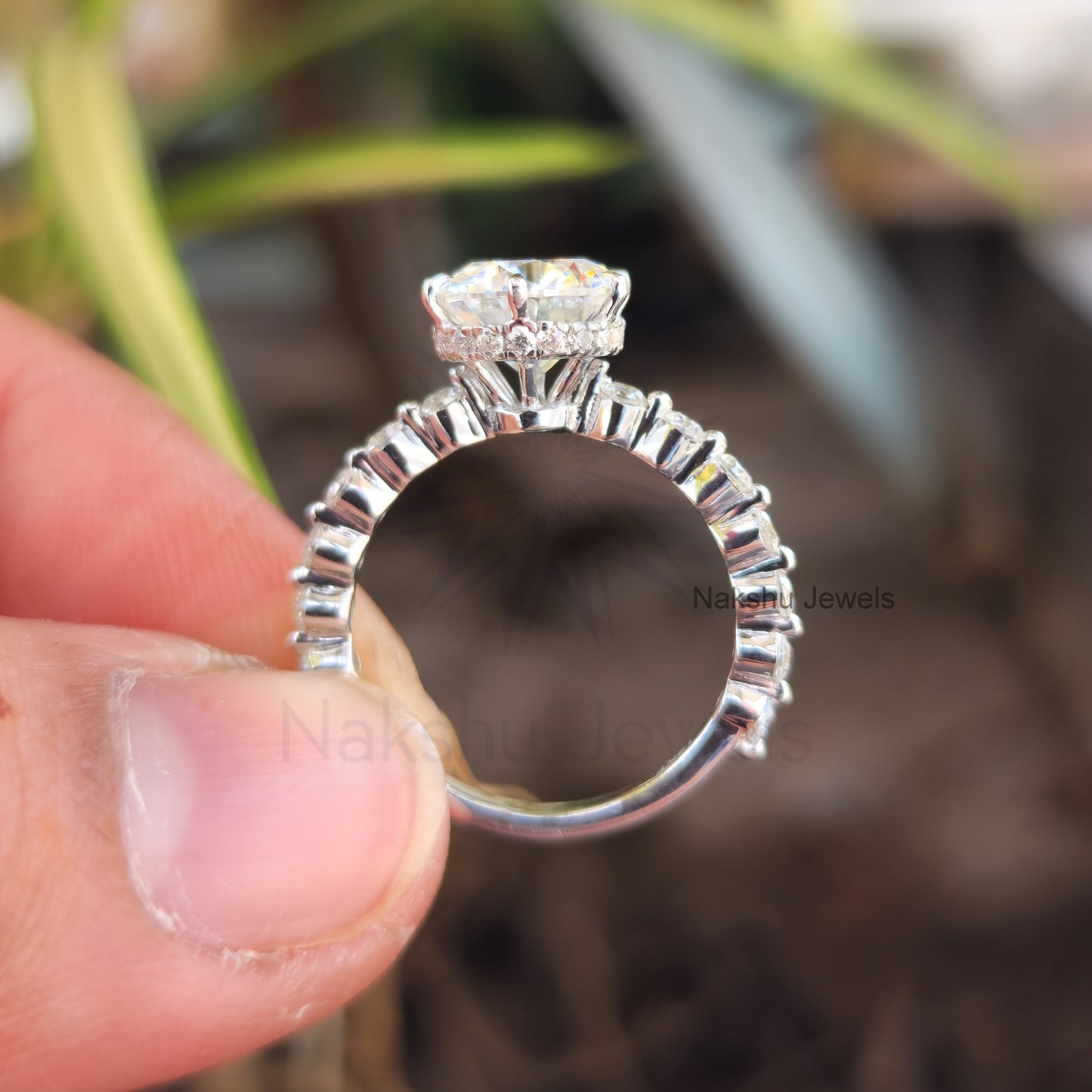 Round Moissanite Hidden Halo Bridal and Engagement Wedding Set