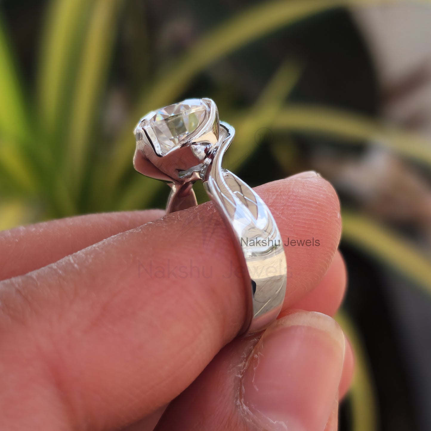 Broad Band Solitaire Moissanite Engagement Ring