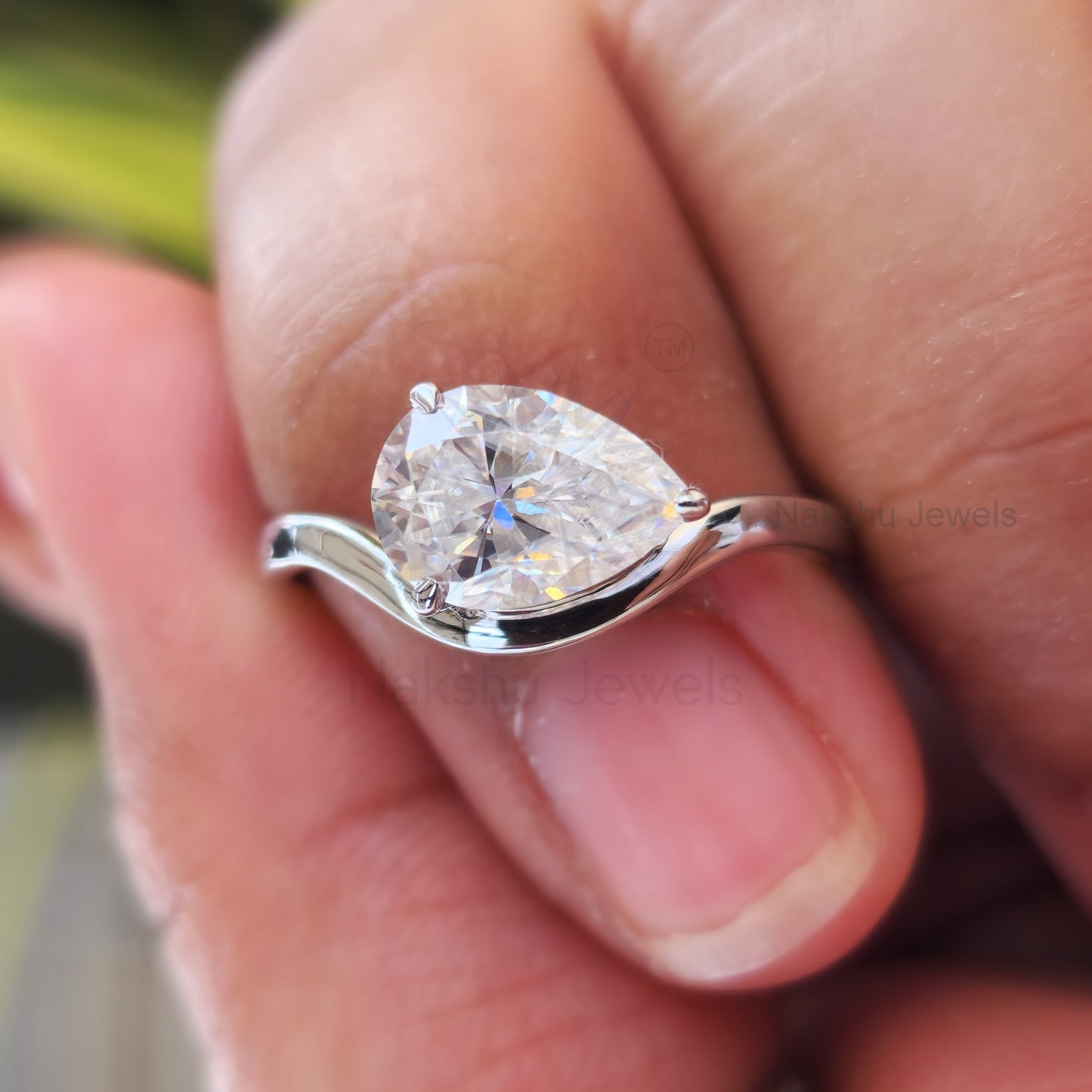 Pear Moissanite Wave Band Engagement Ring