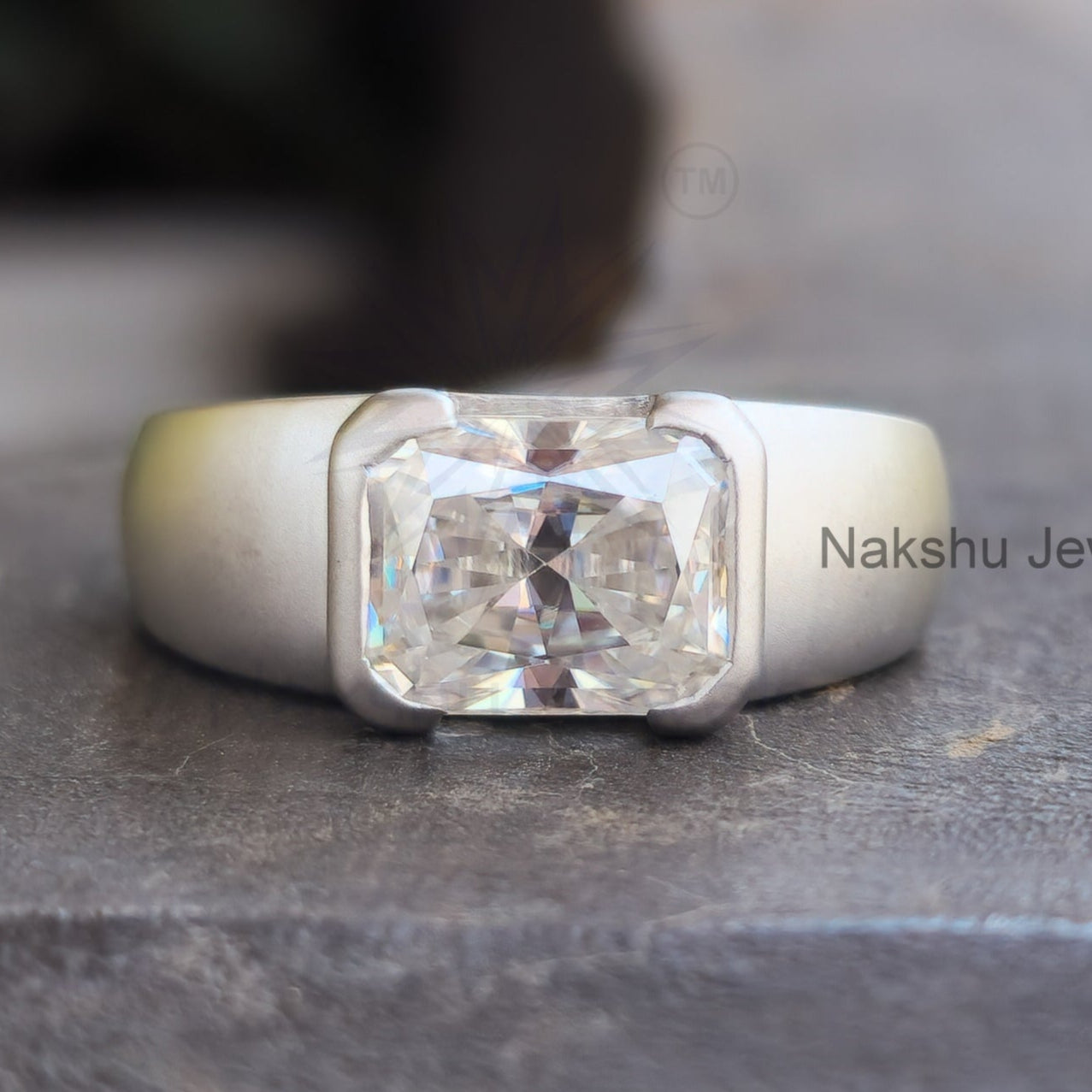 Radiant Cut Moissanite Half Bezel Solitaire Statement Ring