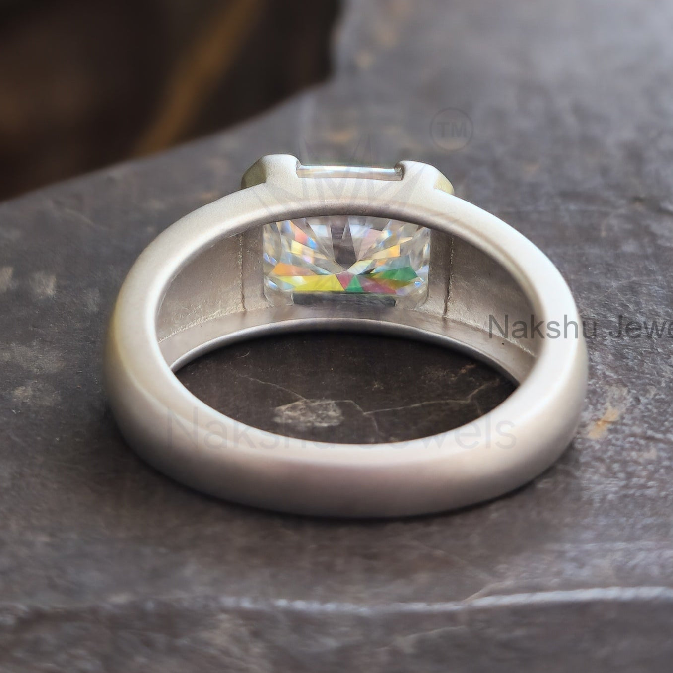 Radiant Cut Moissanite Half Bezel Solitaire Statement Ring