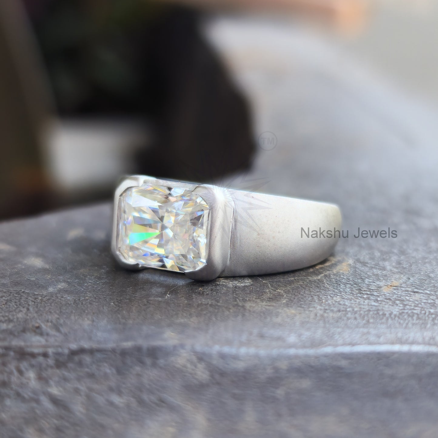 Radiant Cut Moissanite Half Bezel Solitaire Statement Ring