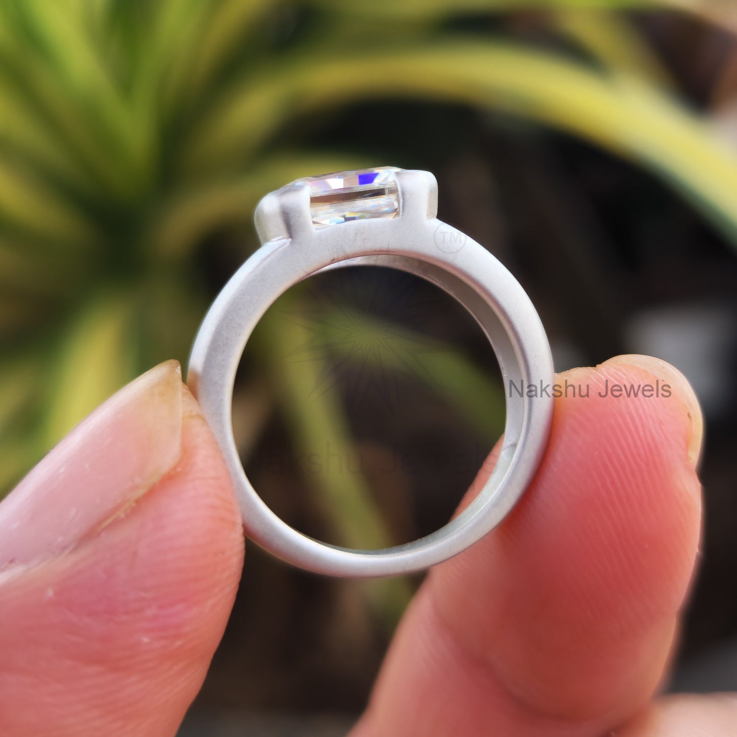 Radiant Cut Moissanite Half Bezel Solitaire Statement Ring