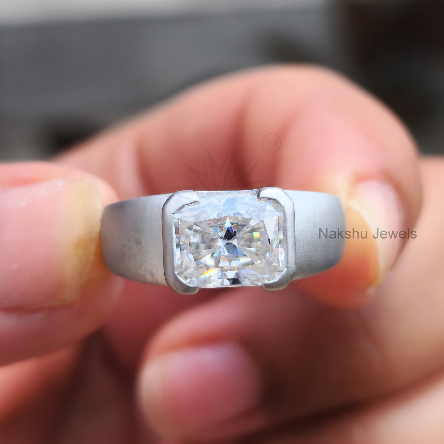 Radiant Cut Moissanite Half Bezel Solitaire Statement Ring