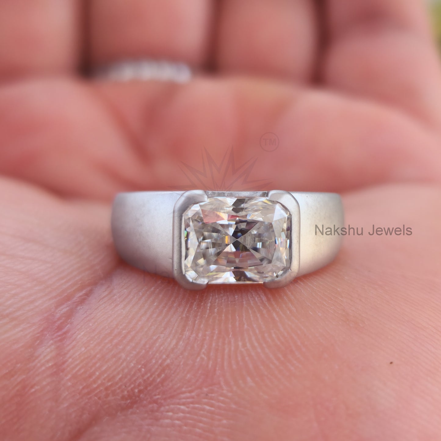 Radiant Cut Moissanite Half Bezel Solitaire Statement Ring