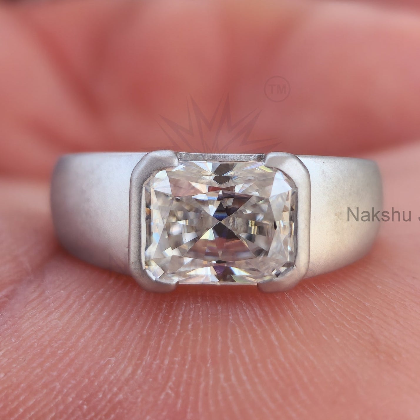 Radiant Cut Moissanite Half Bezel Solitaire Statement Ring