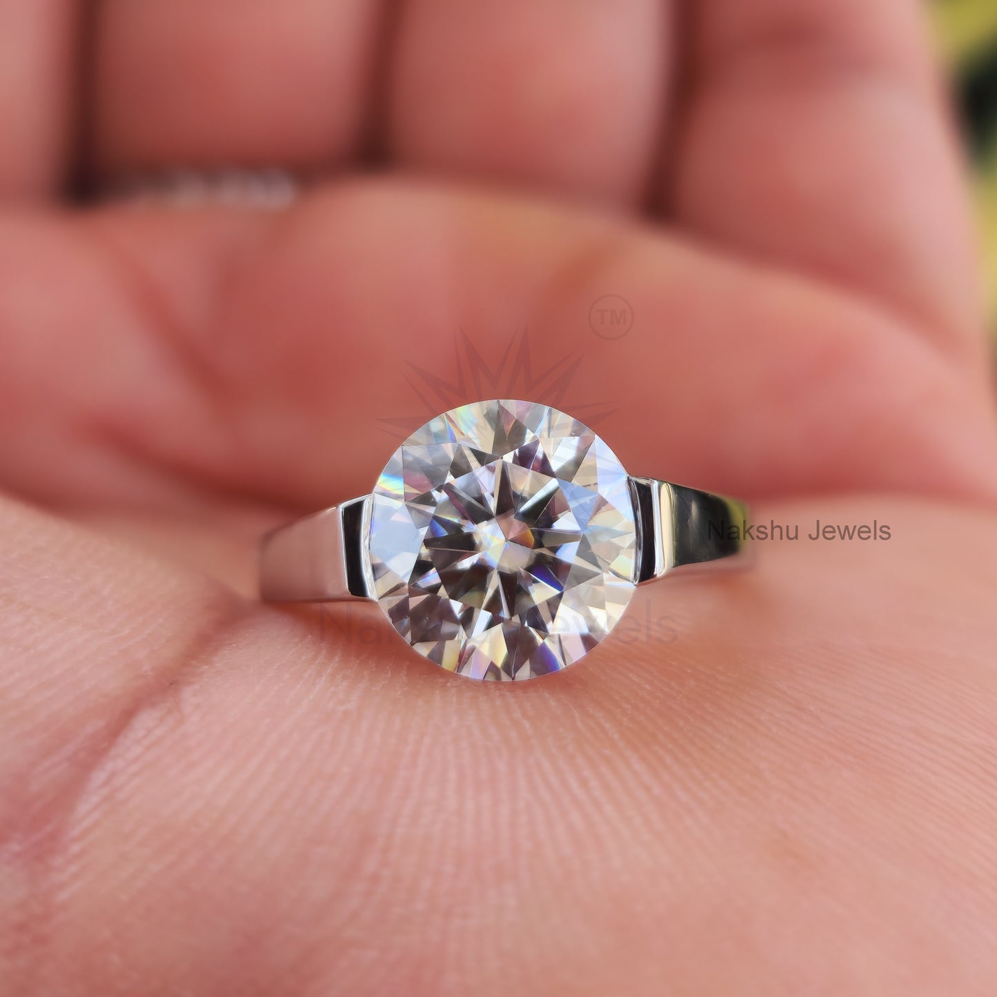 Round Cut Tension Set Moissanite Solitaire Engagement Ring