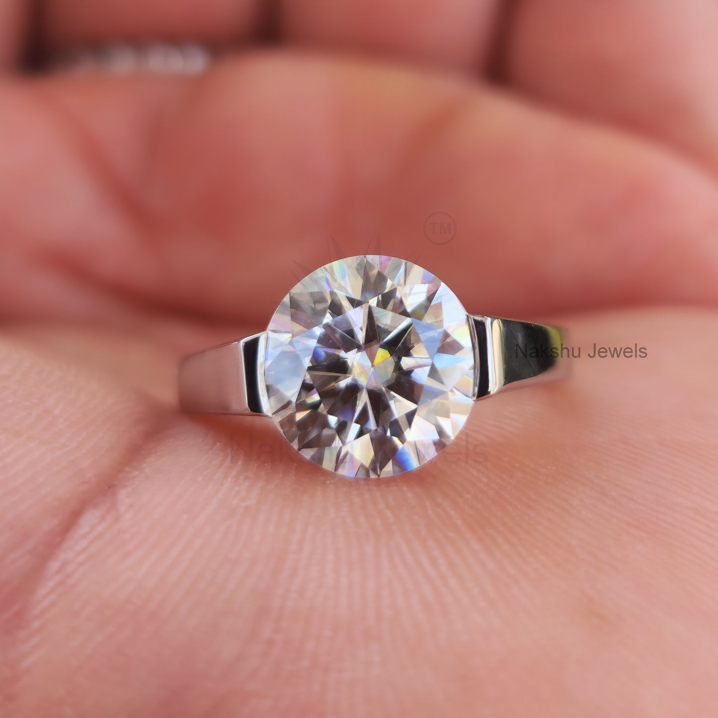 Round Cut Tension Set Moissanite Solitaire Engagement Ring