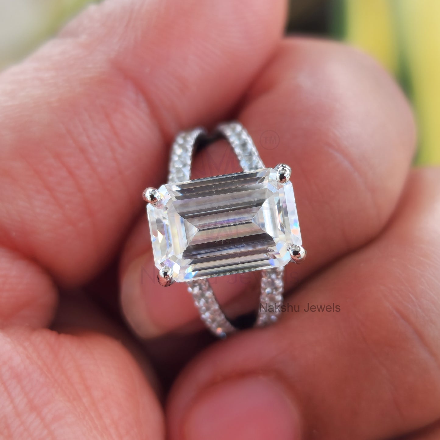 Split Shank Emerald Cut Moissanite Pave Engagement Ring