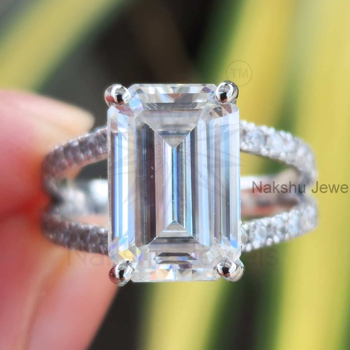 Split Shank Emerald Cut Moissanite Pave Engagement Ring