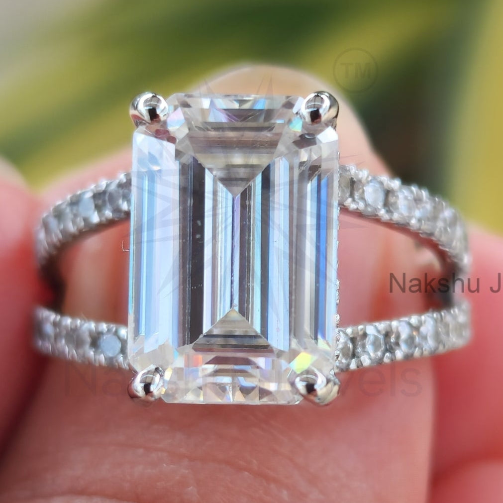 Split Shank Emerald Cut Moissanite Pave Engagement Ring