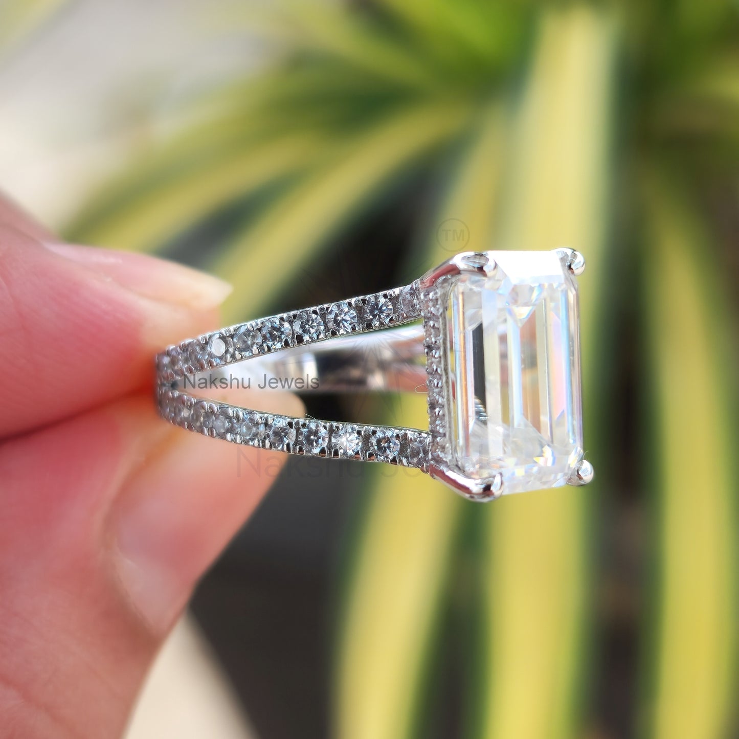 Split Shank Emerald Cut Moissanite Pave Engagement Ring