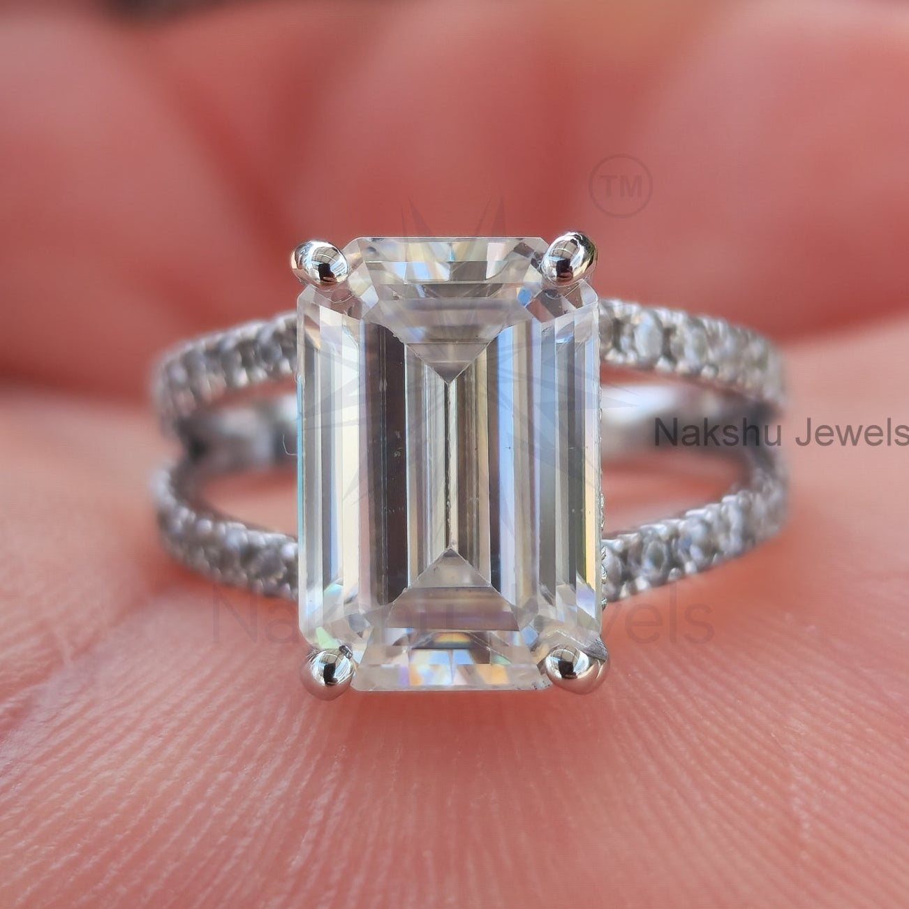 Split Shank Emerald Cut Moissanite Pave Engagement Ring