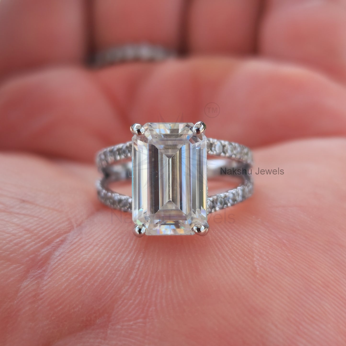 Split Shank Emerald Cut Moissanite Pave Engagement Ring