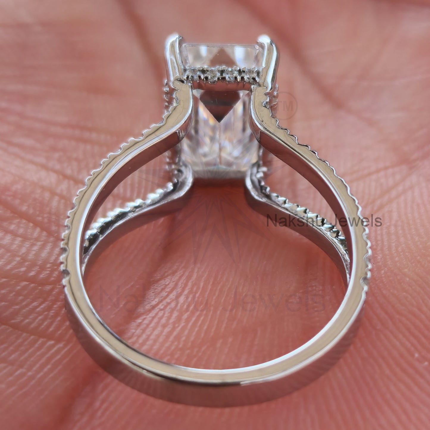 Split Shank Emerald Cut Moissanite Pave Engagement Ring