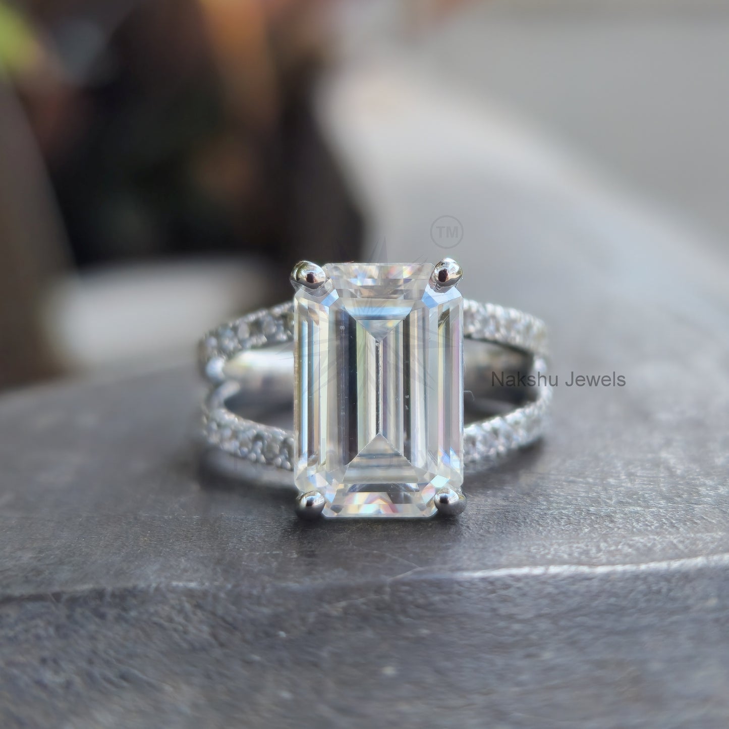 Split Shank Emerald Cut Moissanite Pave Engagement Ring