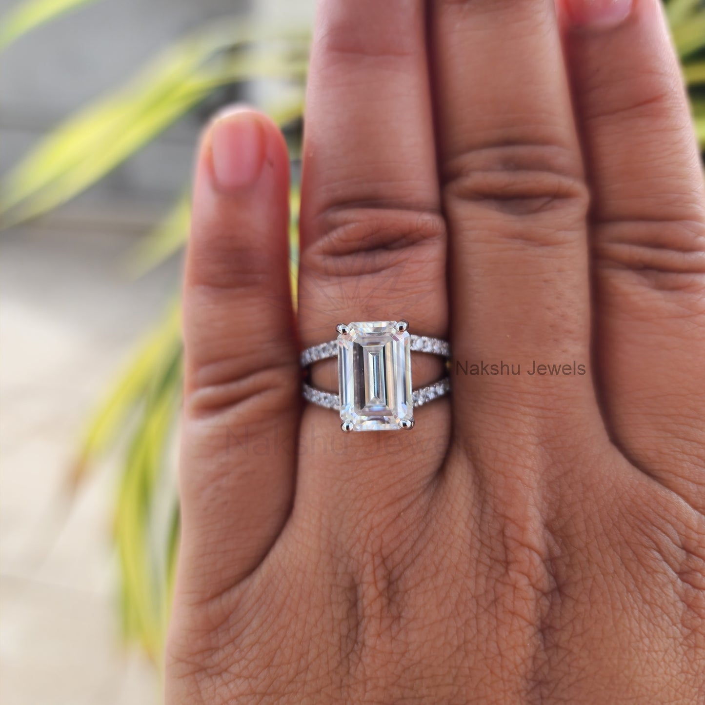 Split Shank Emerald Cut Moissanite Pave Engagement Ring