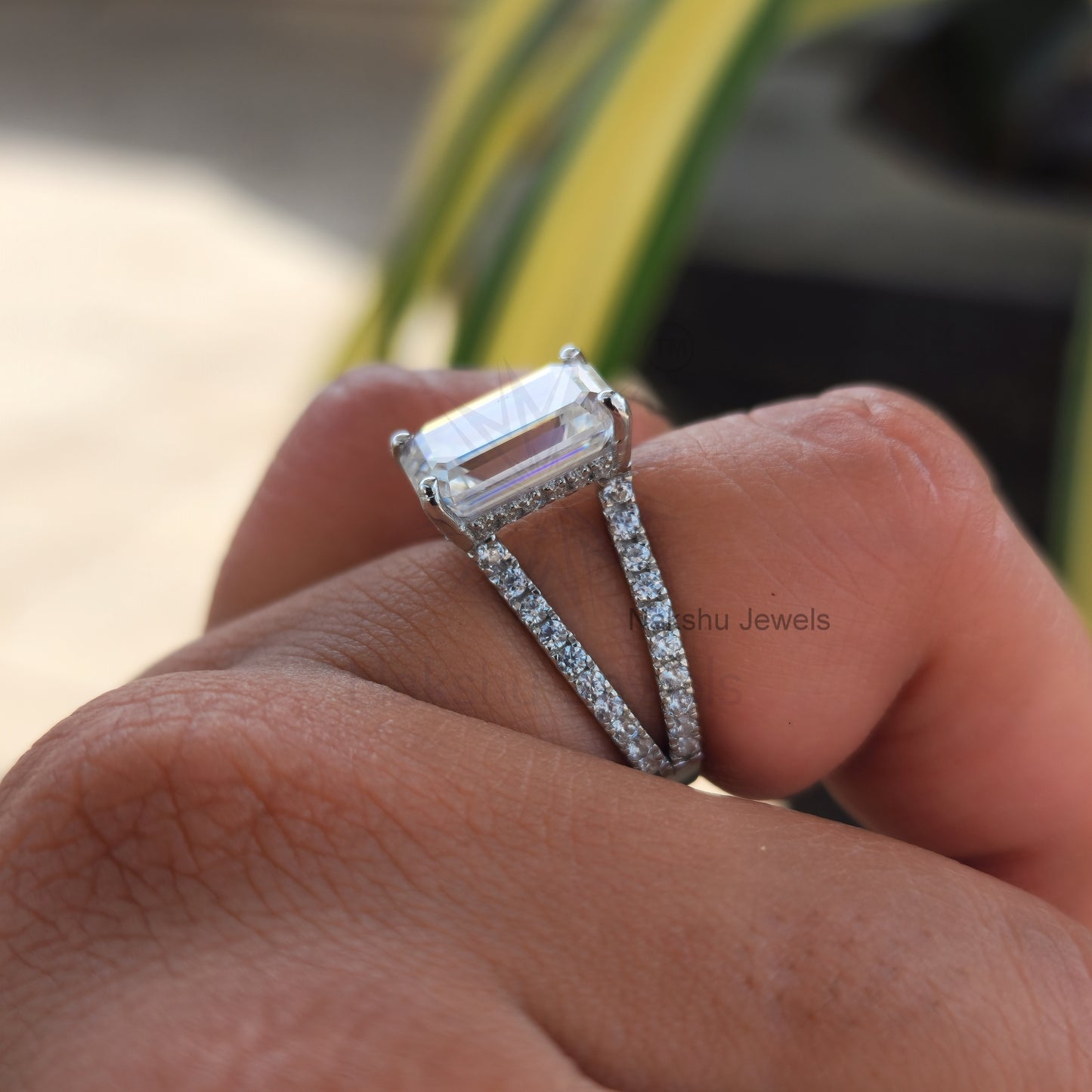 Split Shank Emerald Cut Moissanite Pave Engagement Ring