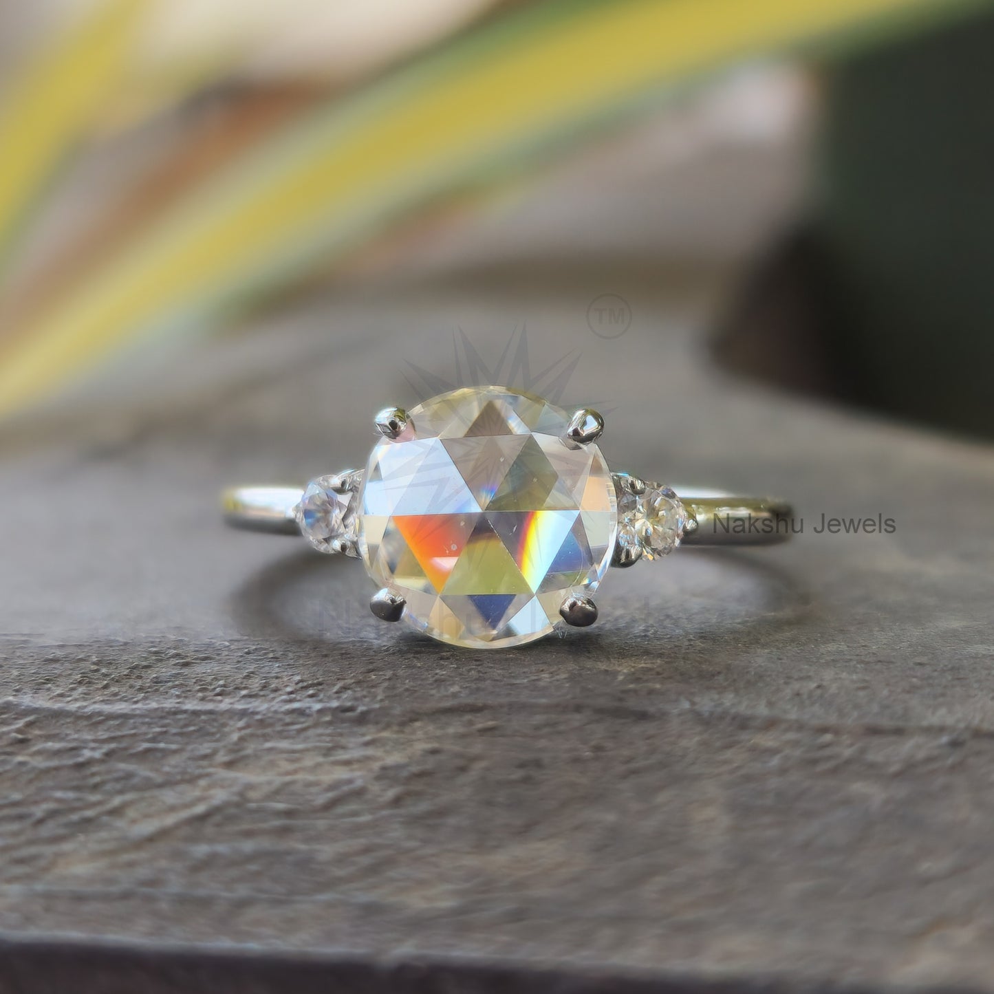 Round Rose Cut Moissanite Engagement Ring, Three Stone Design