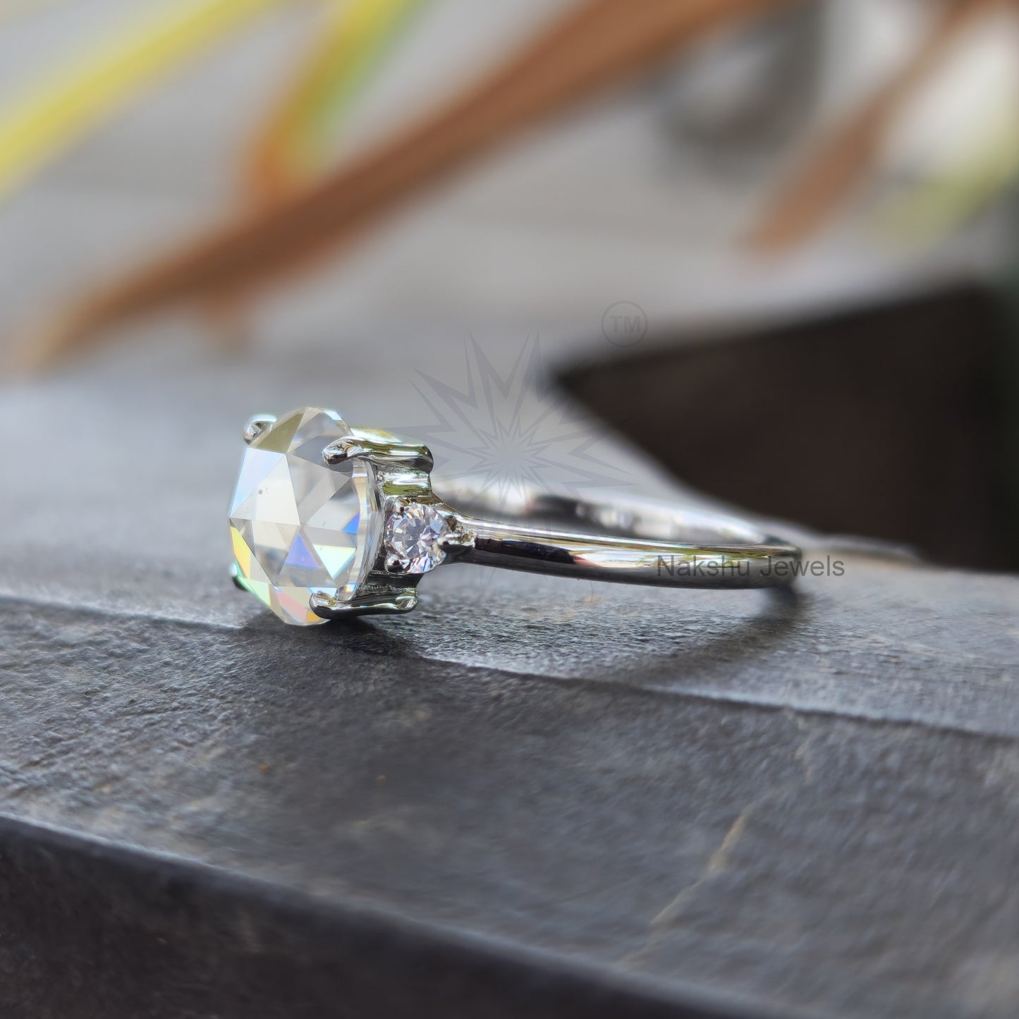 Round Rose Cut Moissanite Engagement Ring, Three Stone Design