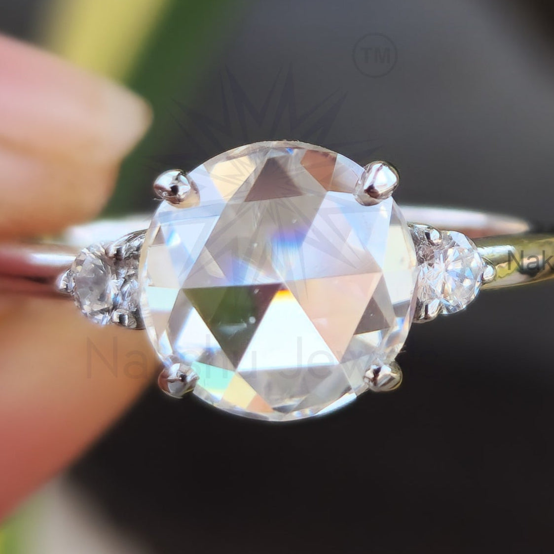 Round Rose Cut Moissanite Engagement Ring, Three Stone Design