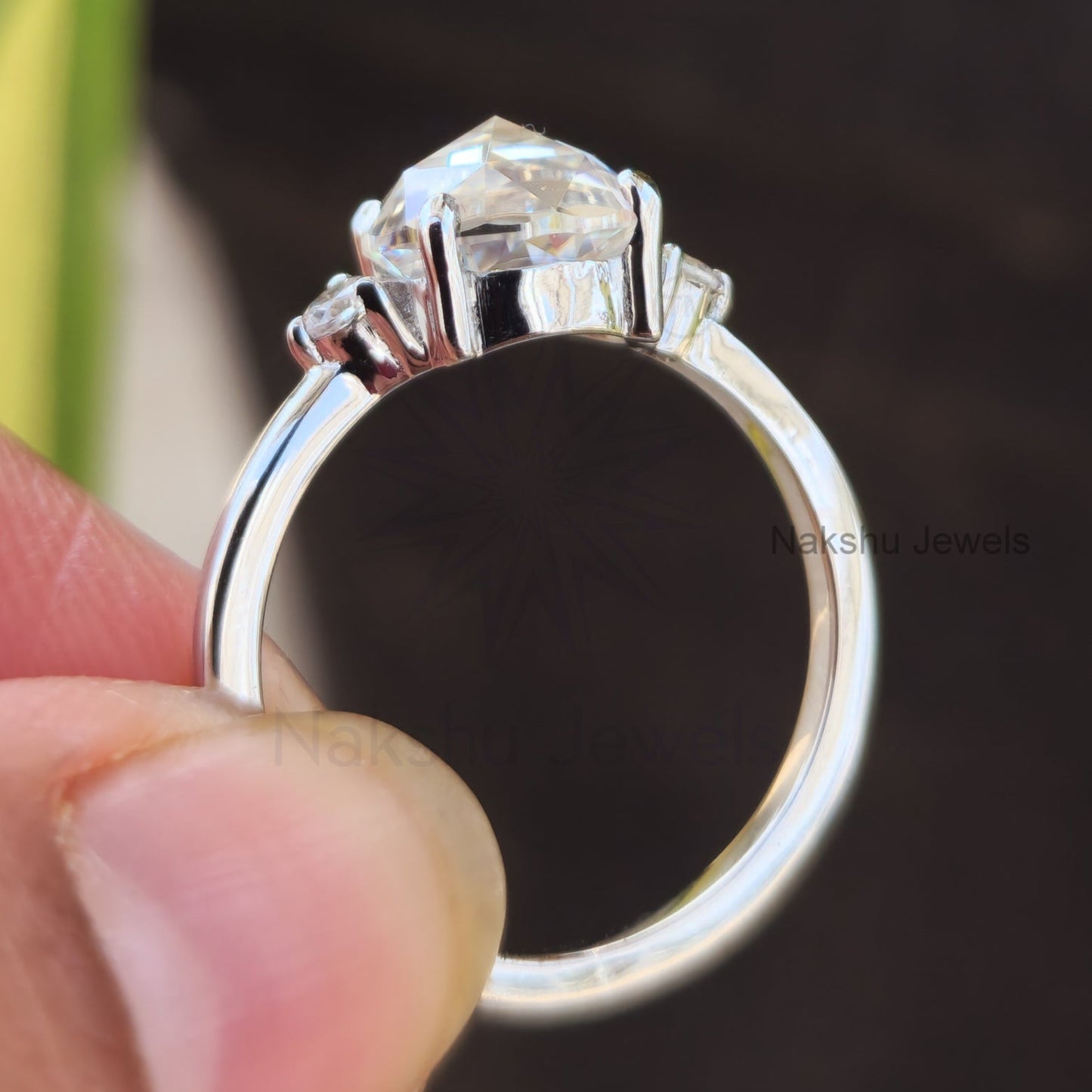 Round Rose Cut Moissanite Engagement Ring, Three Stone Design