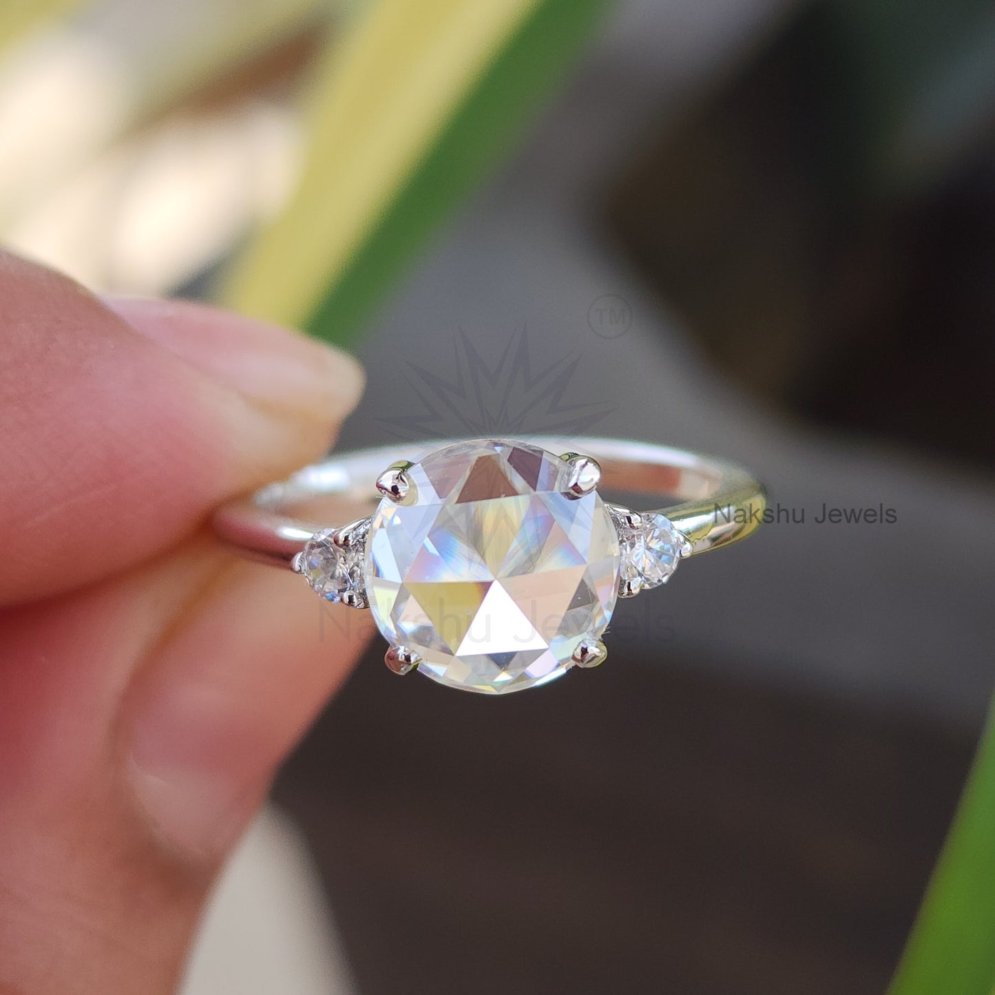 Round Rose Cut Moissanite Engagement Ring, Three Stone Design