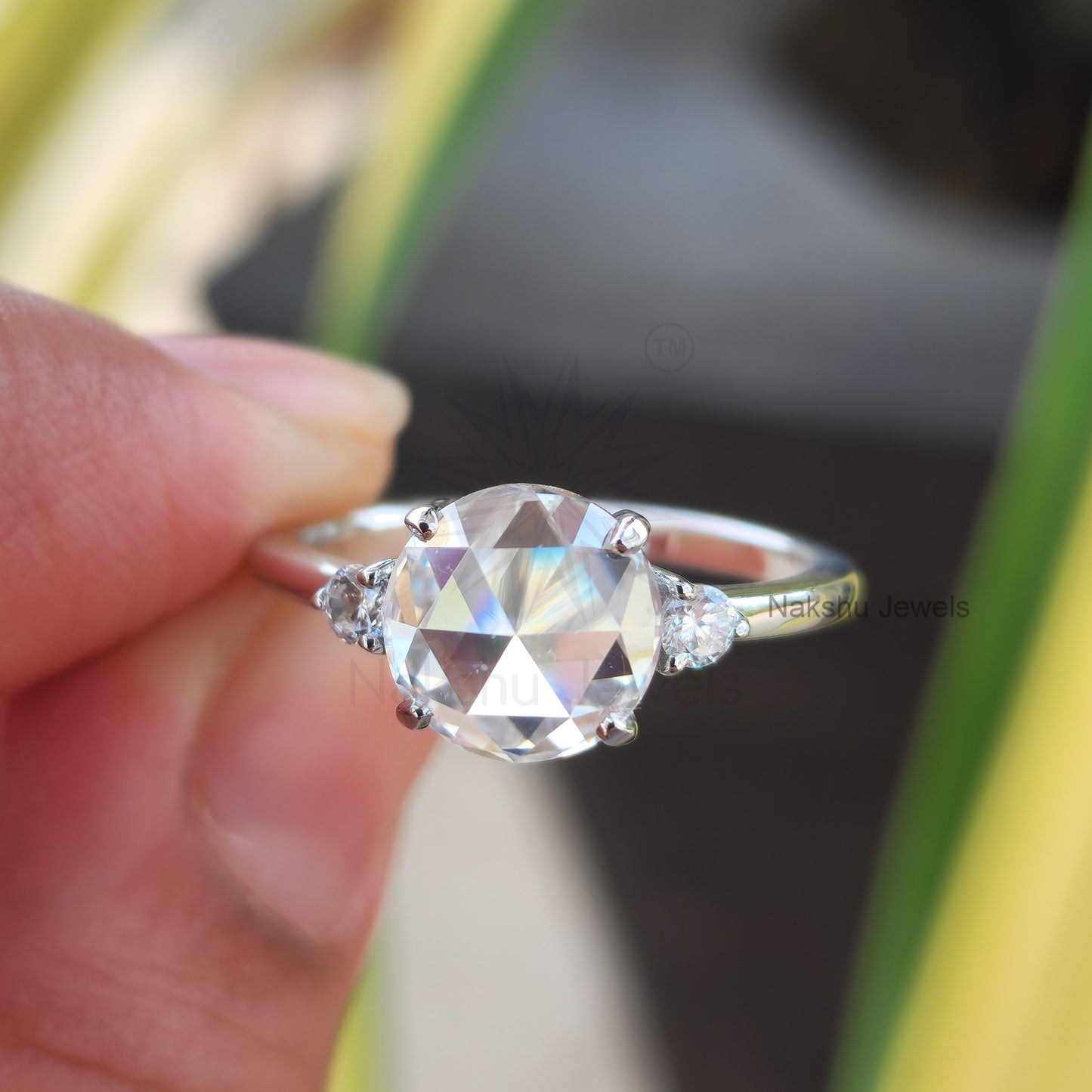 Round Rose Cut Moissanite Engagement Ring, Three Stone Design