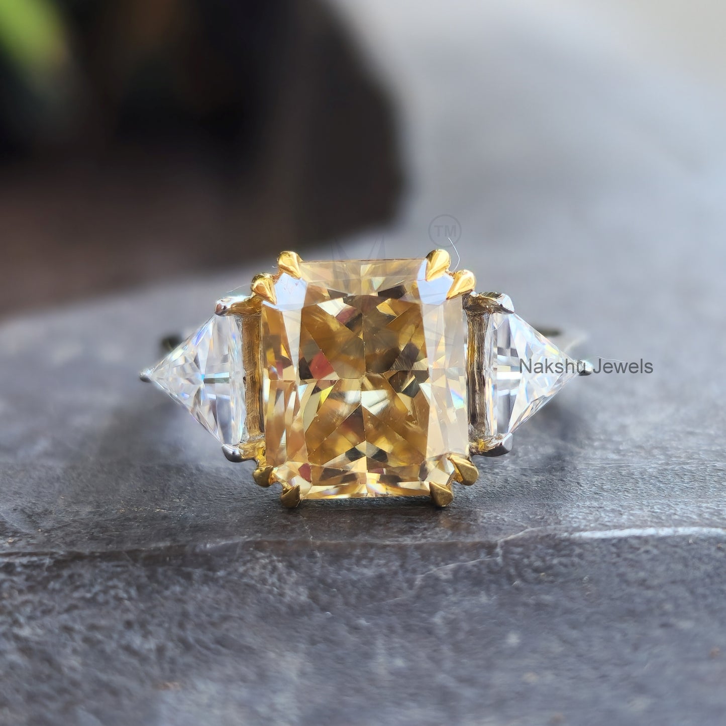 Champagne Yellow Radiant Cut Moissanite Three Stone Engagement Ring
